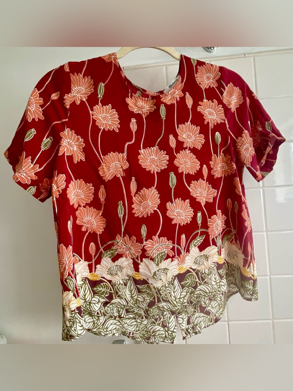 Madewell Red Floral Short-Sleeve Silk Blouse,